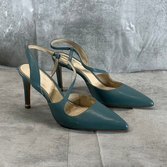 KENNETH COLE NEW YORK Women's Sea Green Leather Riley 85 Asymmetrical Pumps SZ 8 - Picture 2 of 7